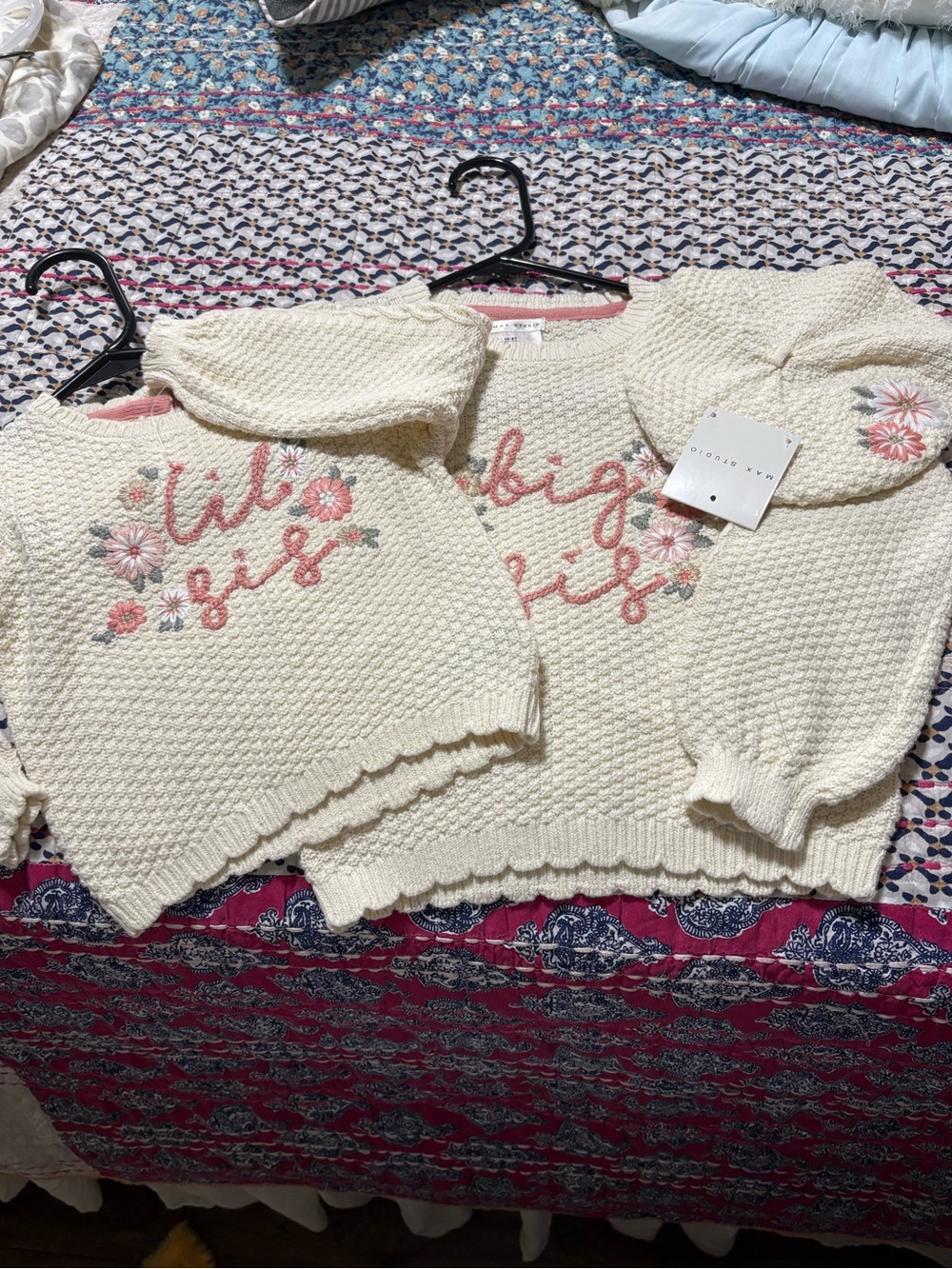 Max Studio Cream Knit Crewneck Sweater with Pink Floral Embroidery